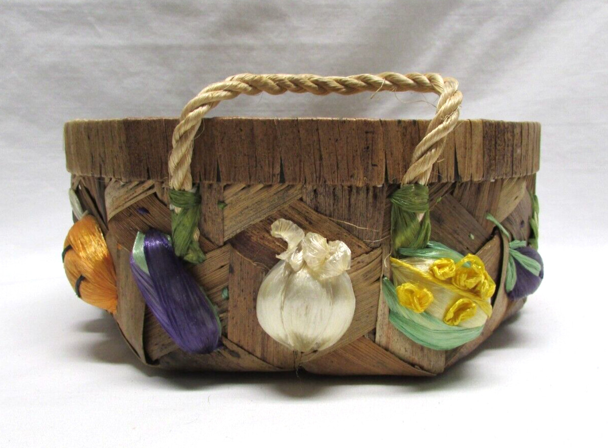 Vintage Handmade Raffia 8in Fruit Basket Burlap Lined Made in Philippines