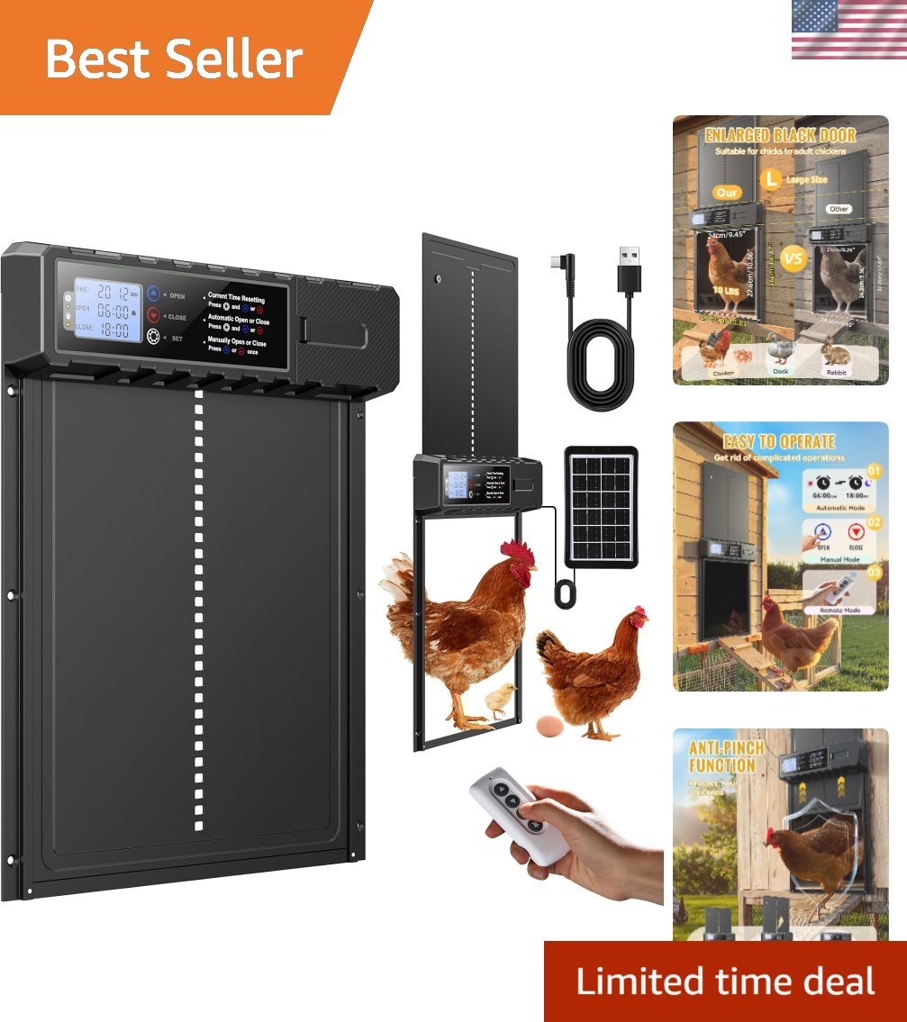 XL Automatic Chicken Coop Door - Solar Powered & USB-C, Weather-Resistant Design