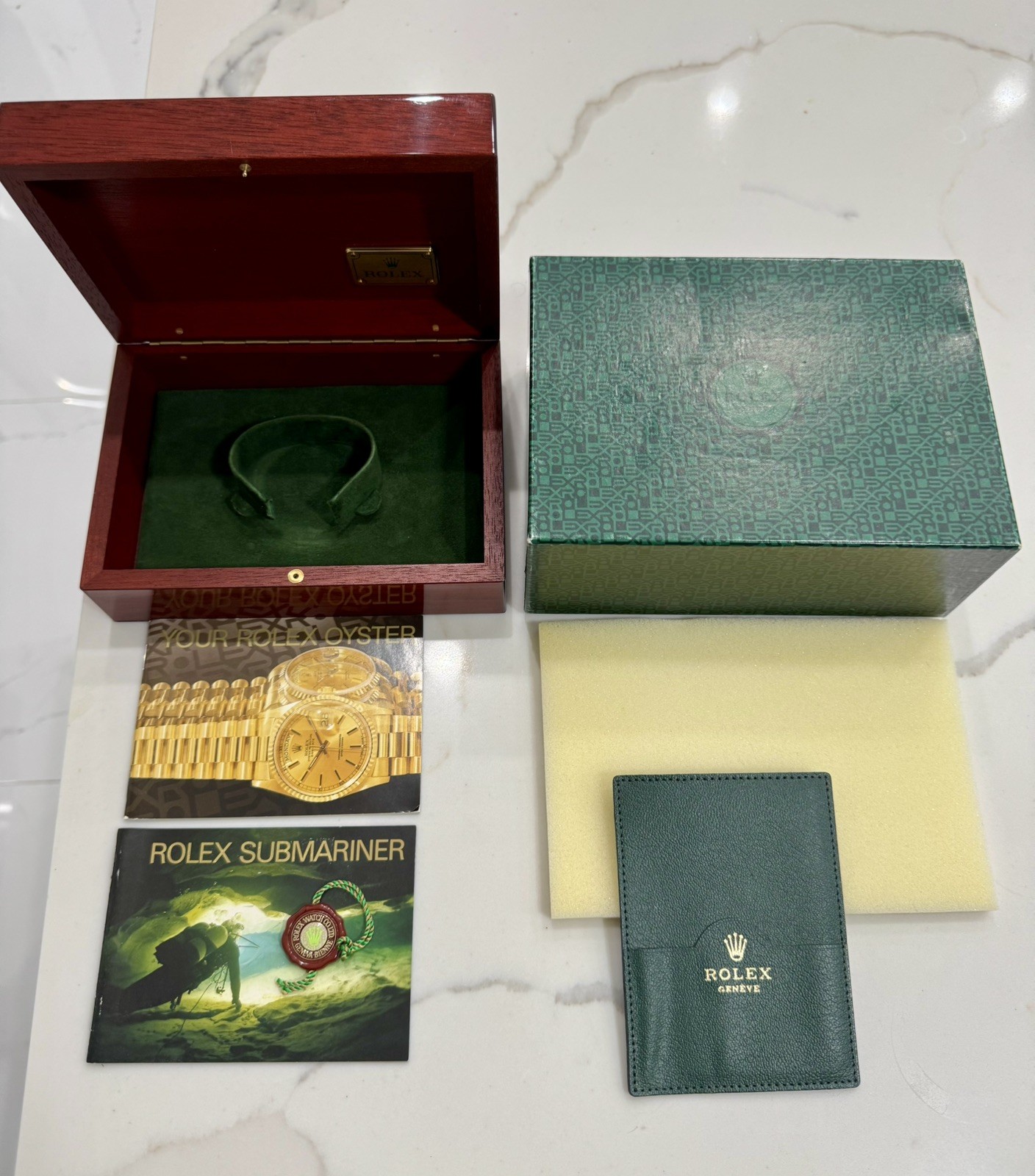GENUINE Rolex Submariner 16618 Wood watch Box Booklets Tag SET Vintage