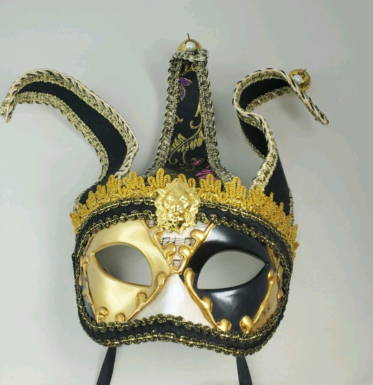 Mardi Gras Venetian Jester Joker Masquerade Party Mask w/ Bells Gold Black Bx7