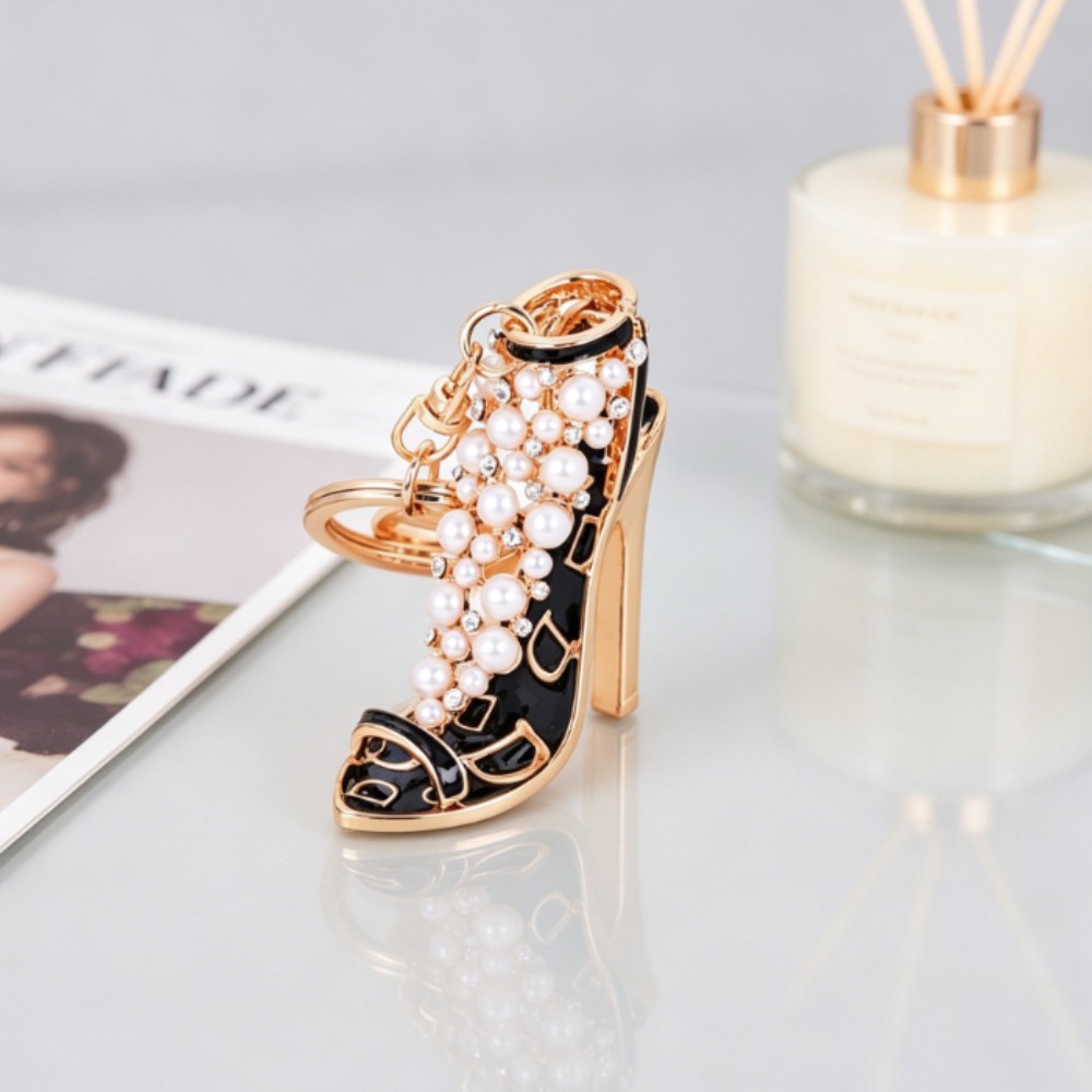 Black Gold Enamel Imitation Pearl High Heel Keychain, Luxe Lady Style Bag Charm