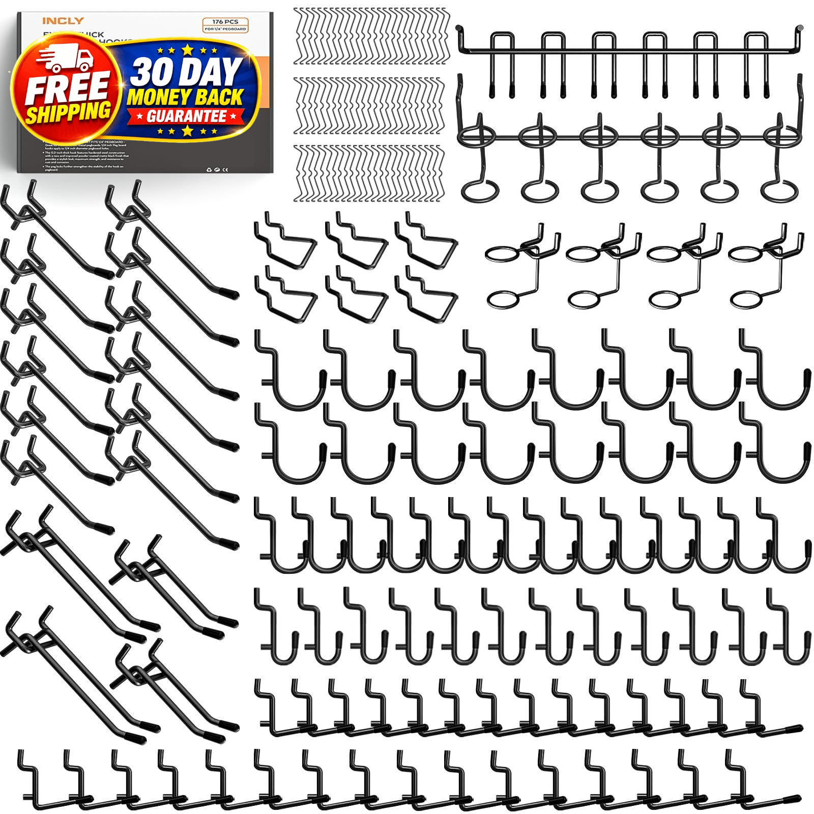 176PCS Extra Thick Pegboard Hooks, 1/4" Heavy Duty Black Metal