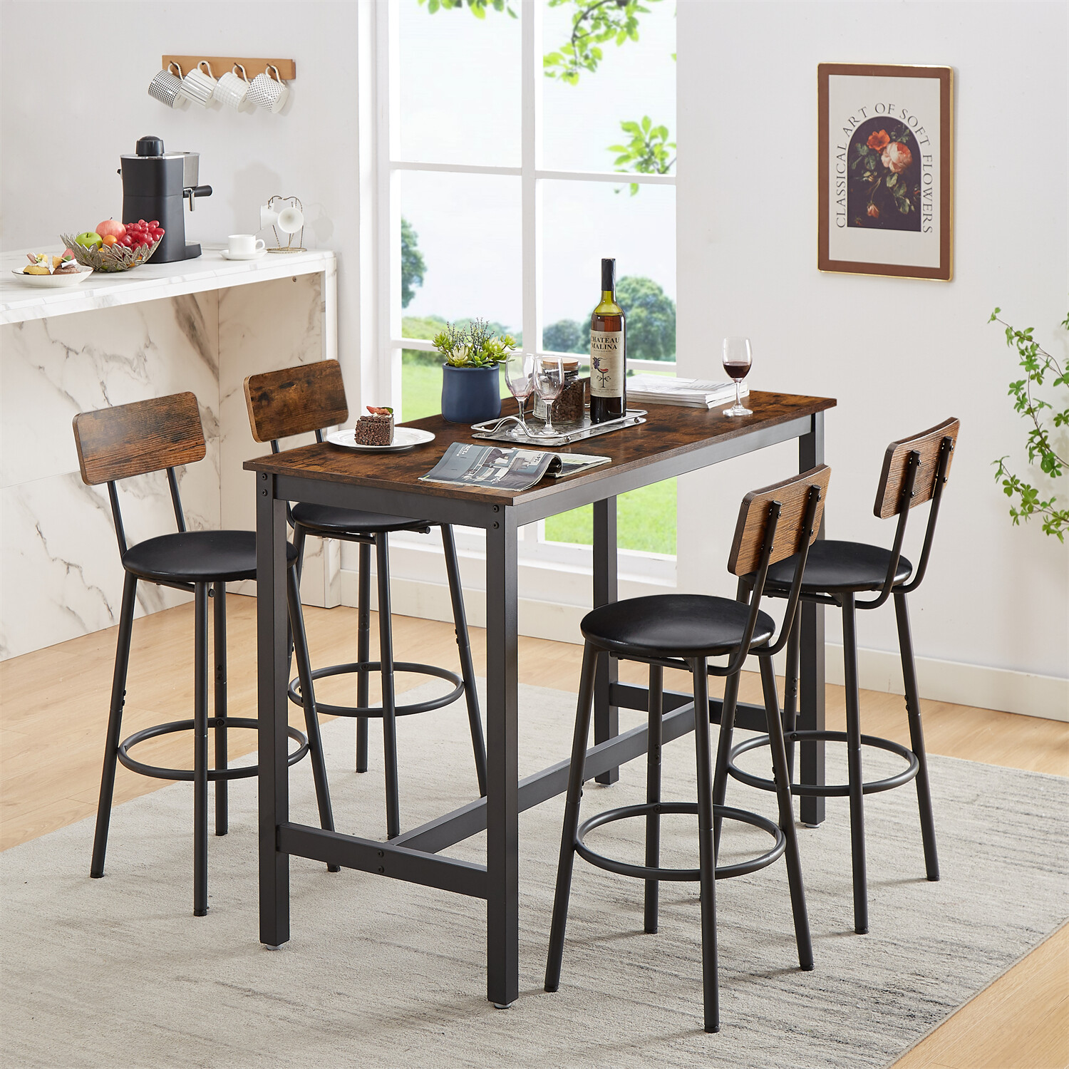 3/5 Piece Bar Table Set Counter Height Kitchen Dining Pub Table with Bar Stools