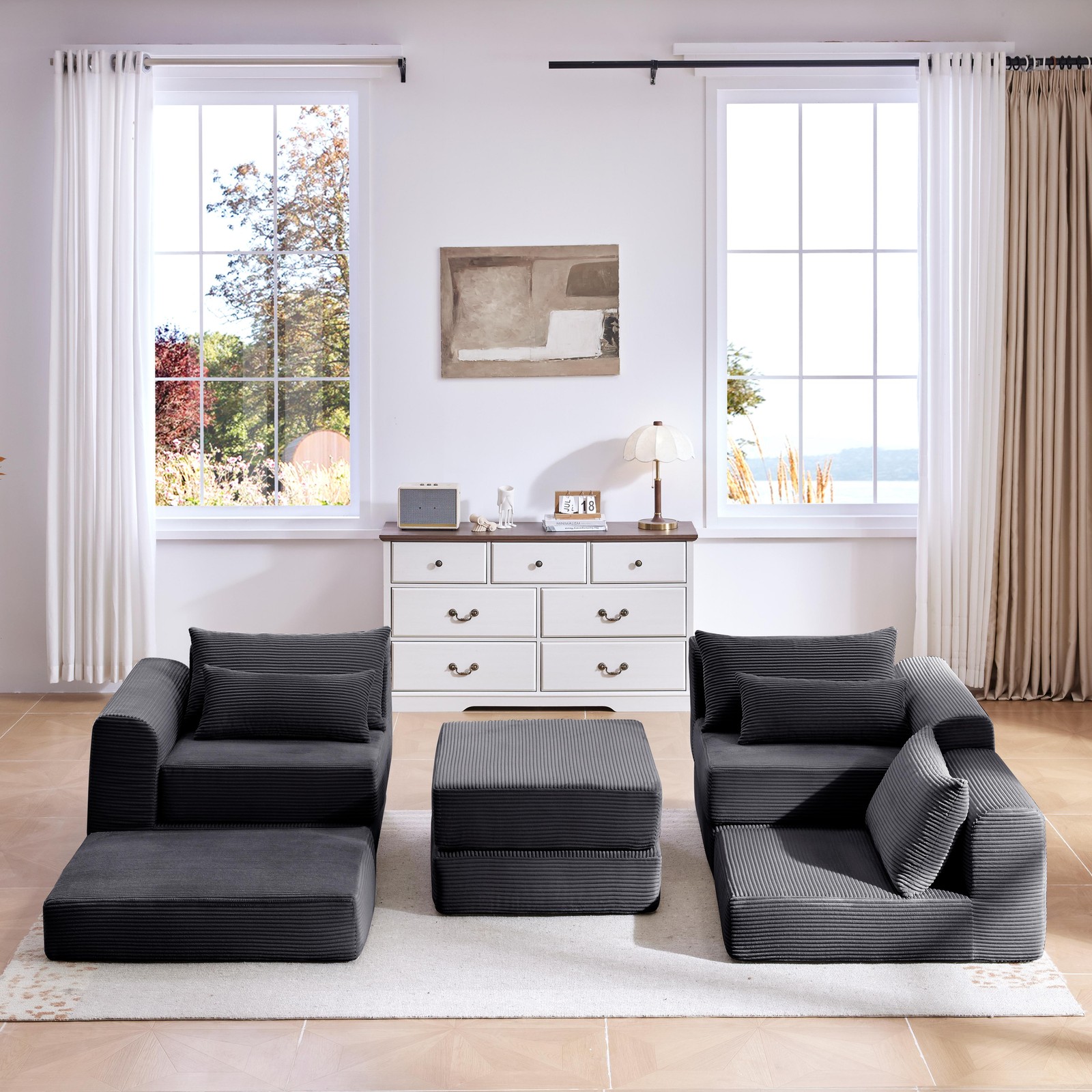 Upholstered Sectional Sofa 100" L-Shaped Corduroy Grey Modular