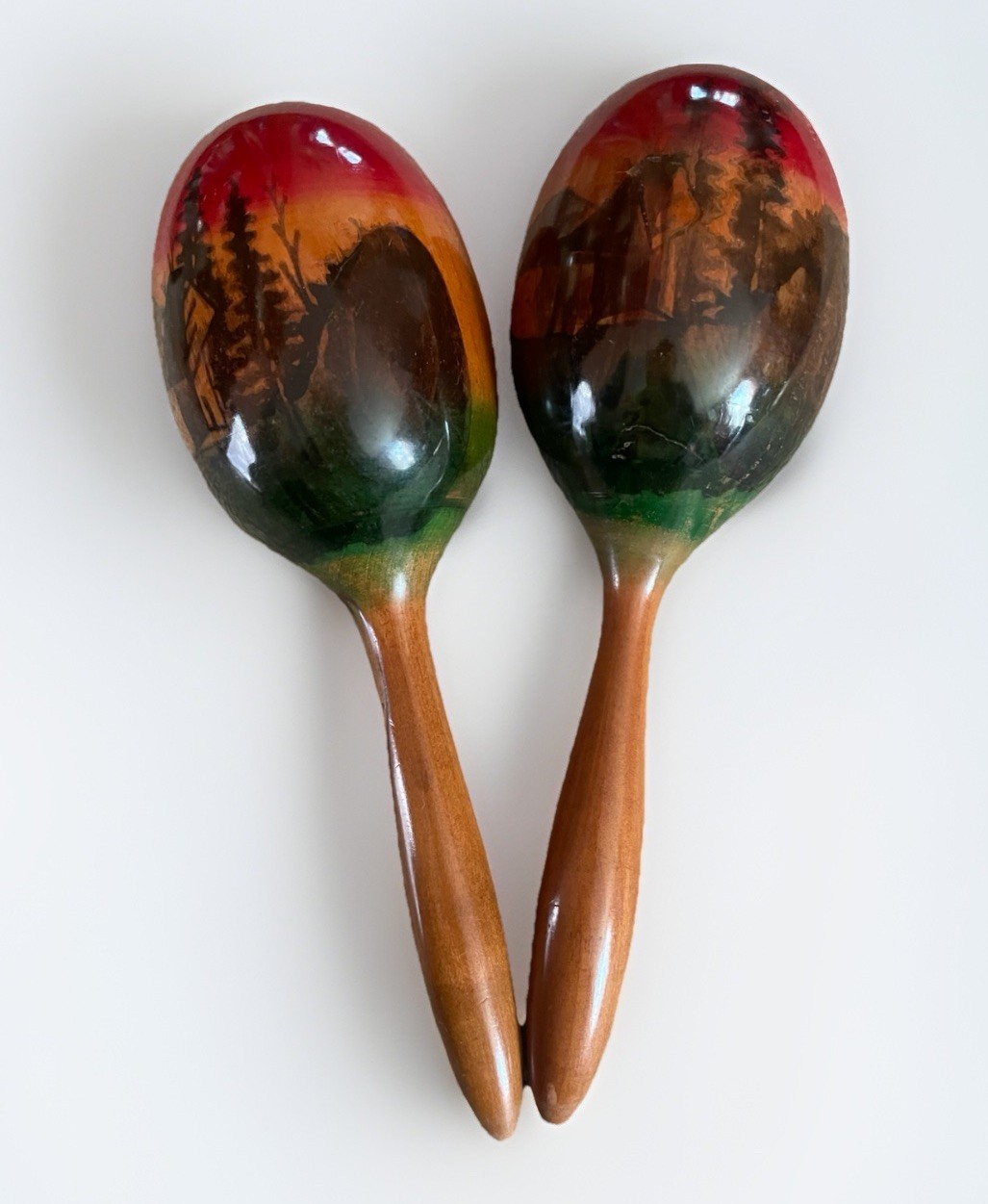 Vintage 1970s Hand Painted Wooden Maracas Set of 2 Mexico Folk Art Original 10”