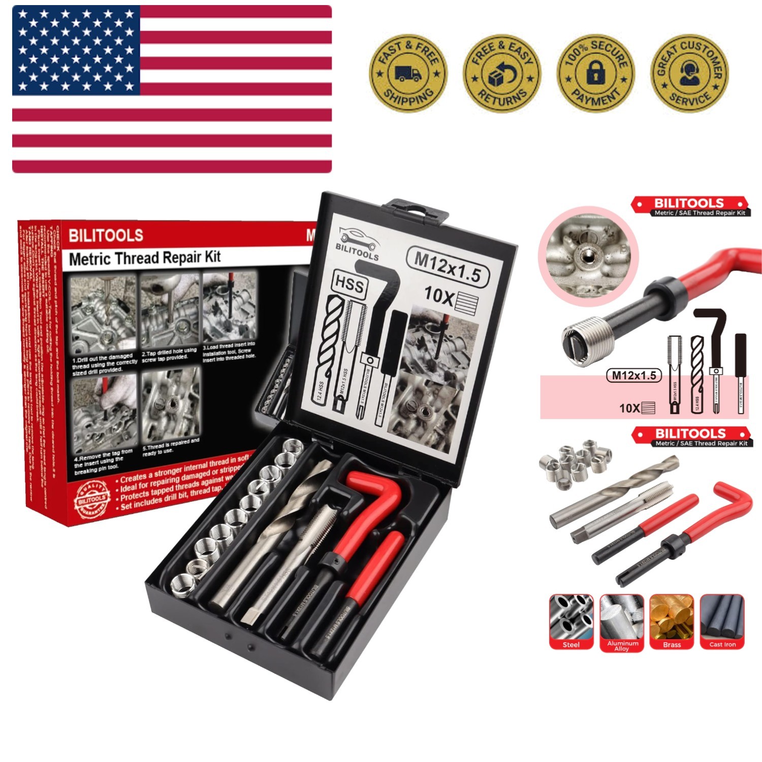 M12x1.5 Thread Repair Kit, HSS Drill Helicoil Repair Kit Metric