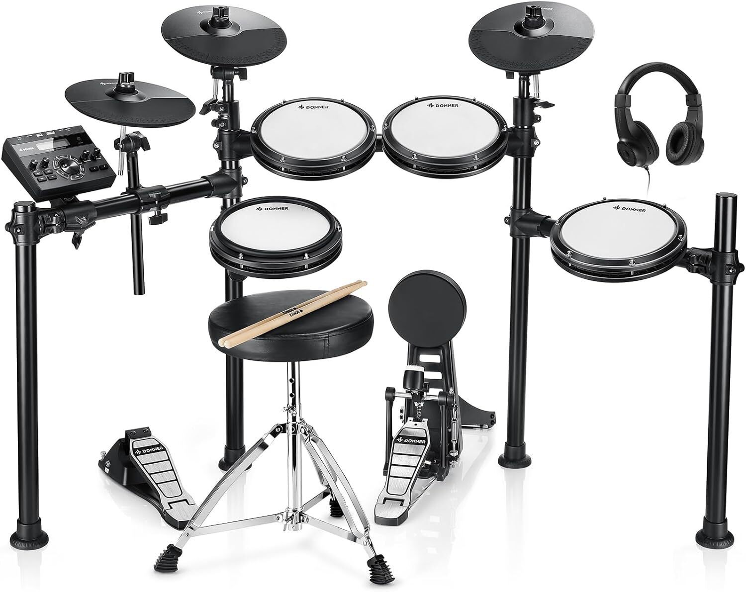 Donner DED-200 Electric Drum Set 8" Quiet Mesh Pads Dual Zone Snare 450+ Sounds