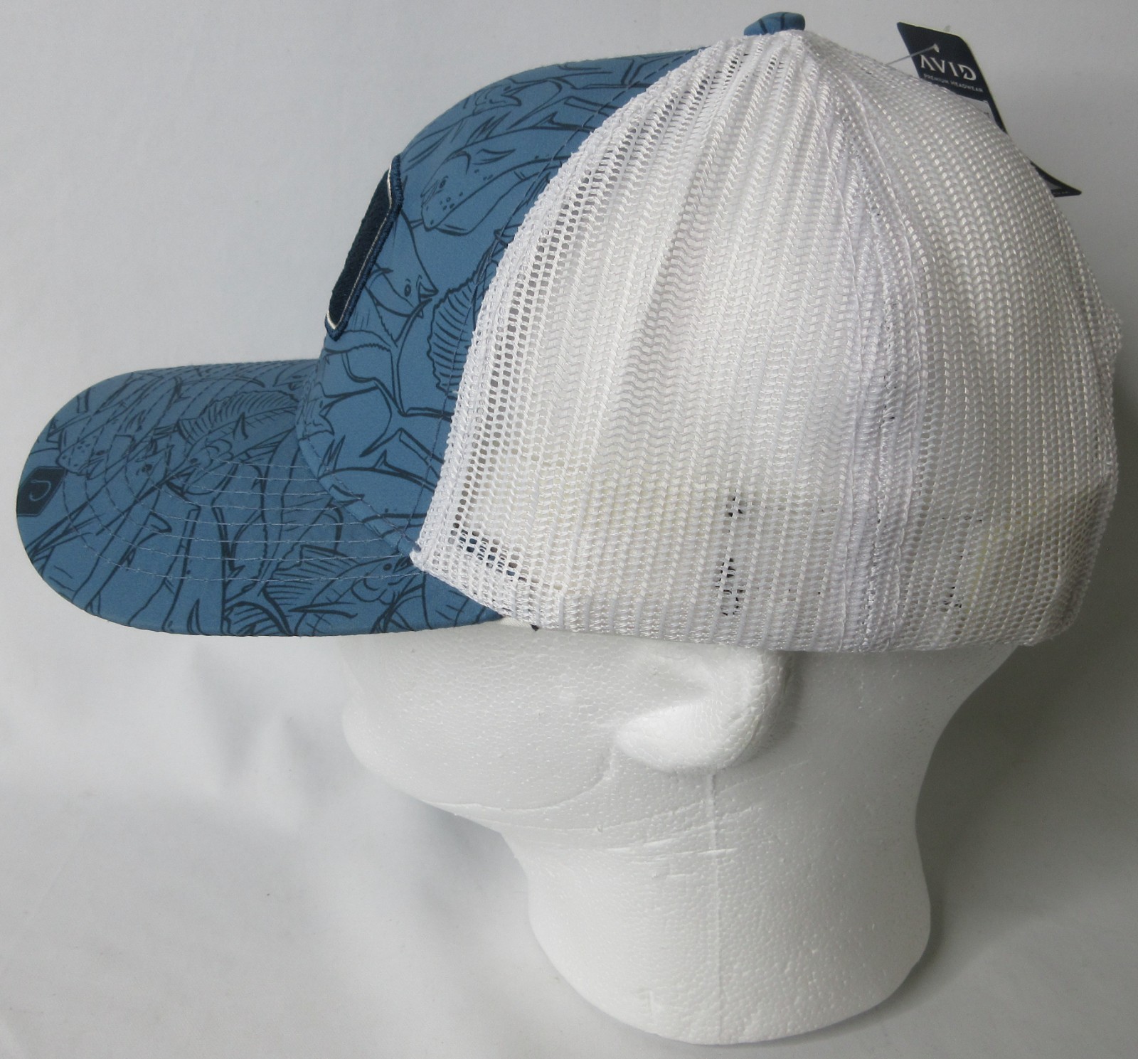 Avid Premium Fishing Trucker Cap Hat Blue White Snapback Patch 1 Size NWT $27.99