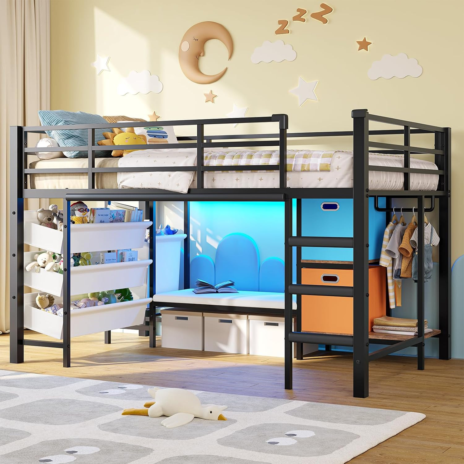 Low Loft Bed Twin Size with Storage Bins and Reading Bench, Black | Reading Corn