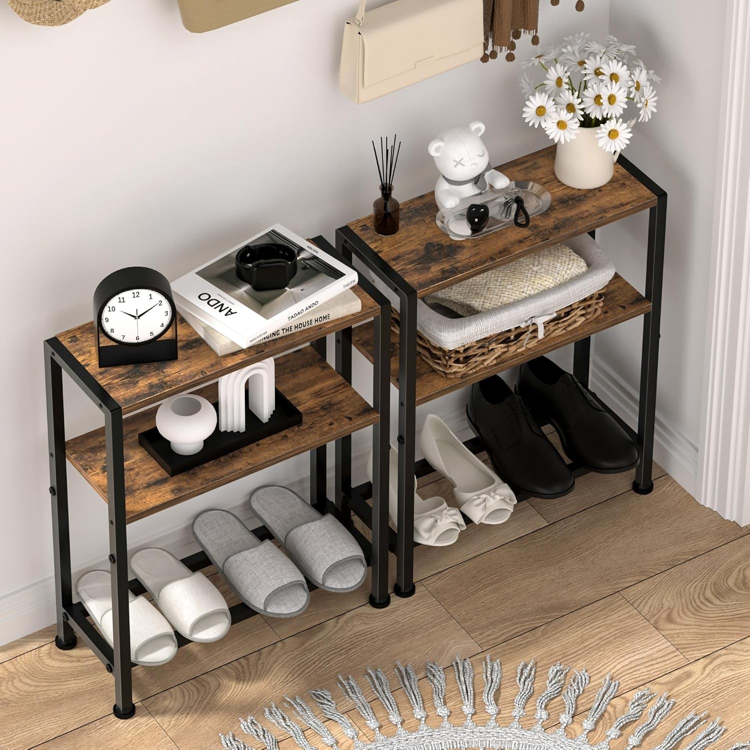 Narrow Side Table Small Space 2-Tier Small End Table W/ Shelf Holder Slim