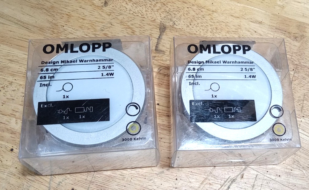 IKEA Omlopp Puck Lights 2x 404.357.22 17796 3000 Under Cabinet LED Spotlight