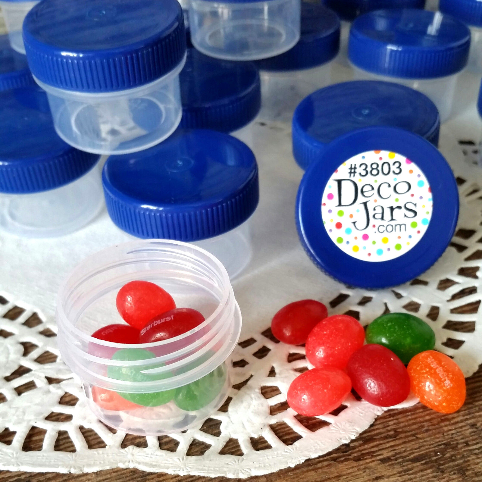 20 * 1/2 oz Clear Plastic Jars BLUE CAPS 1 TBLSPOON Containers #K3803  DecoJars