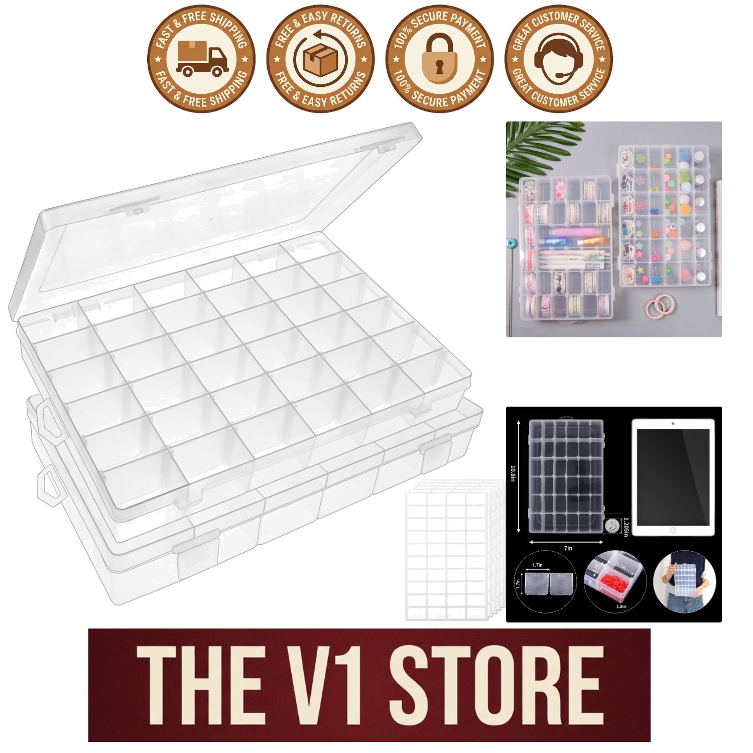 Versatile 36-Grid Compartment Organizer Box for Jewelry and Crafts - 2 Pack