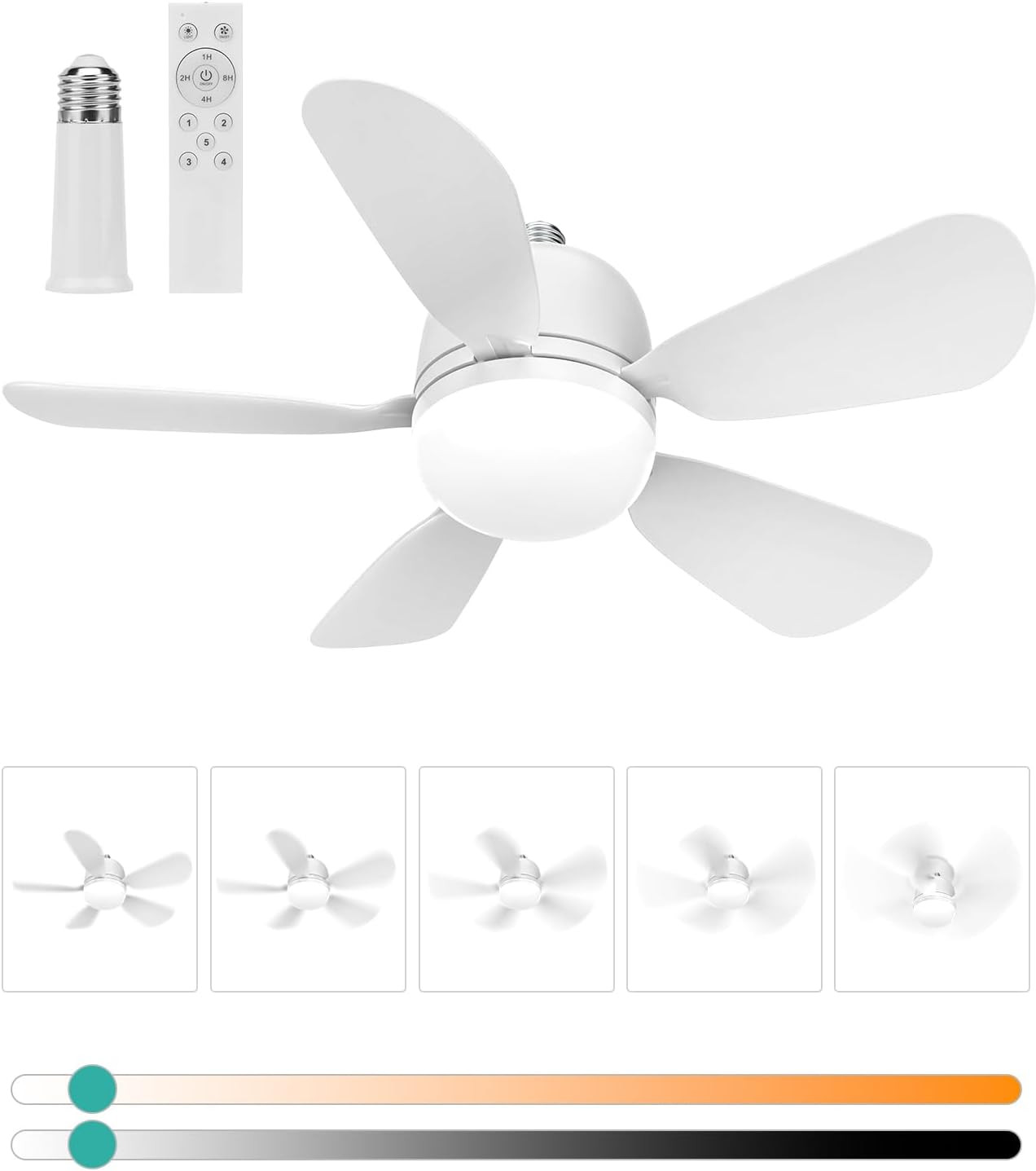 Socket Fan Light Small Ceiling Fan with Light and Remote, 20 Inch Screw-In for E