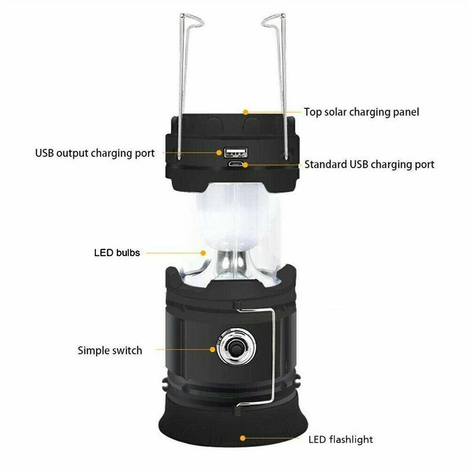 2x Solar Camping Lantern Flashlight Lamp Portable Rechargeable LED USB Power
