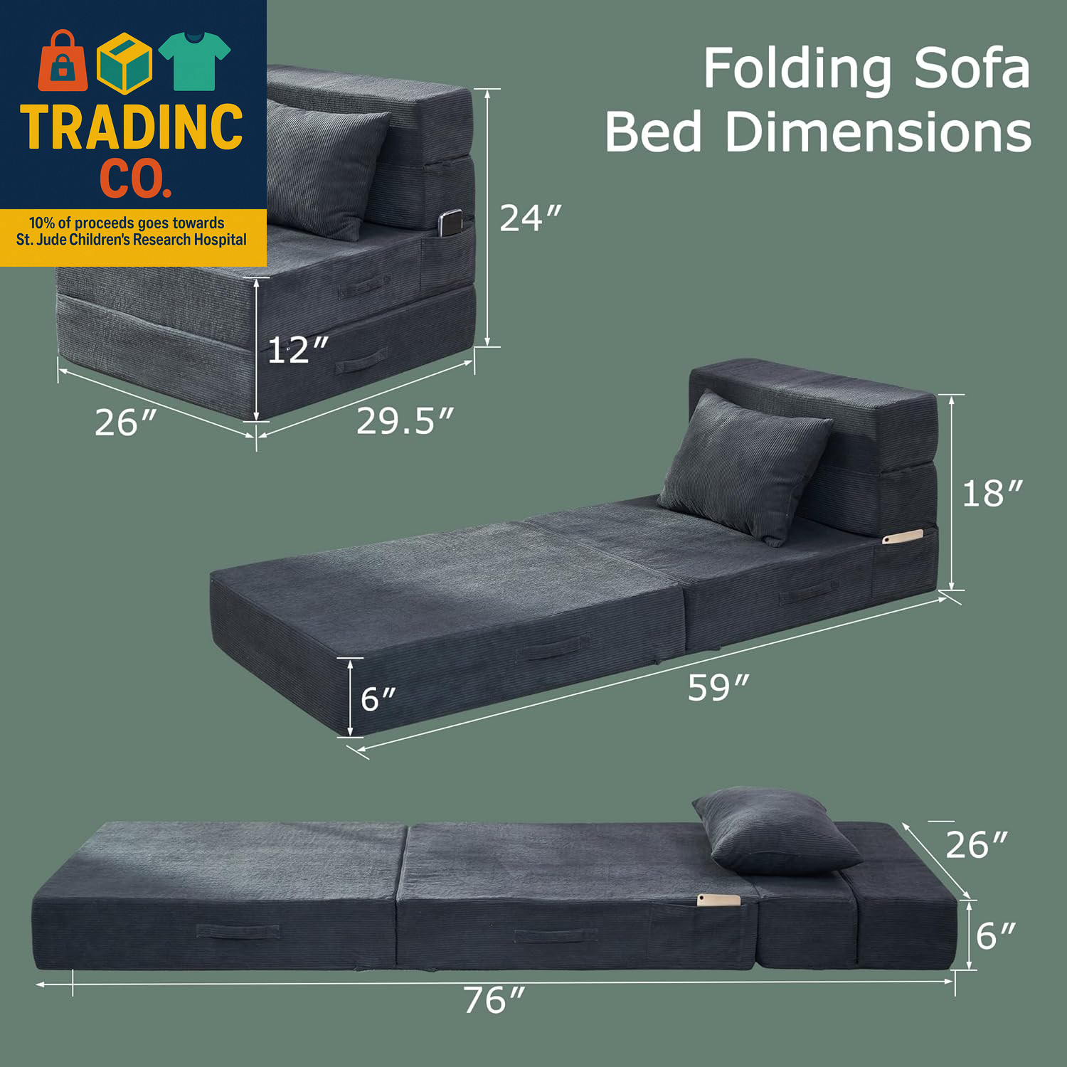 Folding Sof Bed, 4 in 1 Convertible Sleeper Chir with Pillow, Single Memory Fom