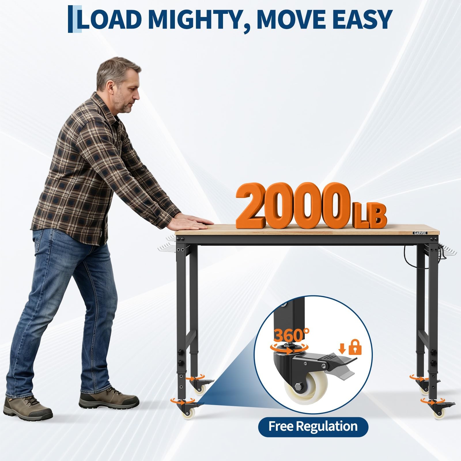 48" Workbench Adjustable Work Table Garage 2000LBS Load w/Power Outlet & Wheels