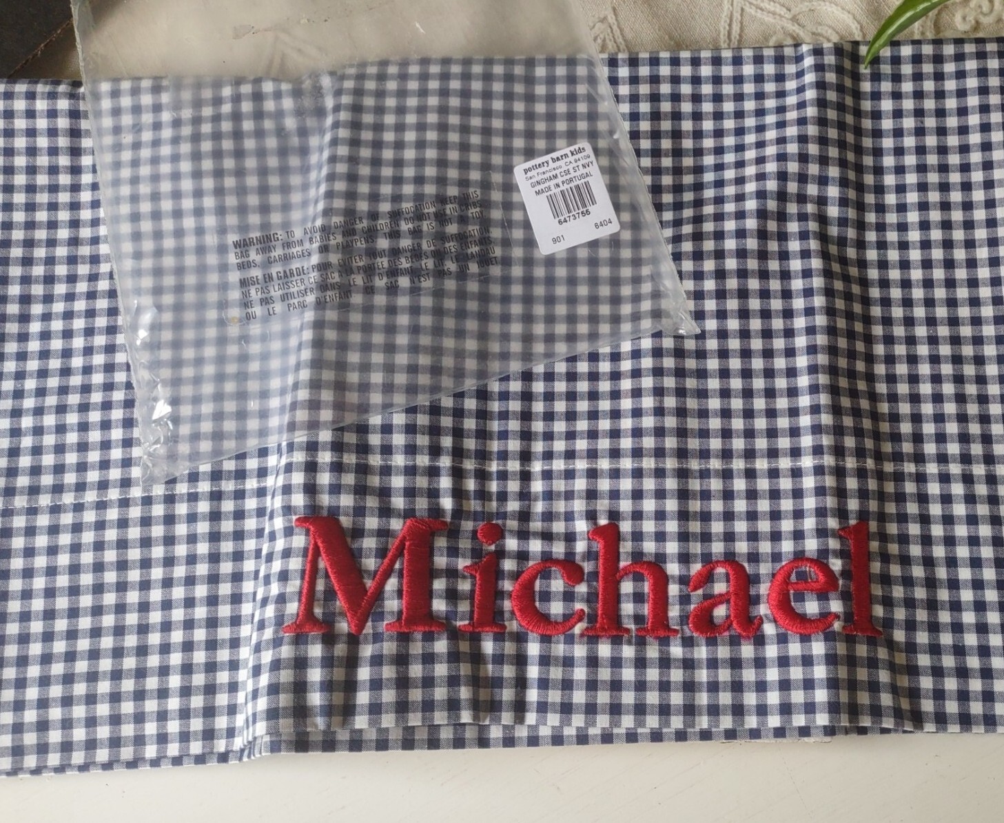 Pottery Barn Kids Gingham blue Pillowcase Cotton MICHAEL Embroidered name