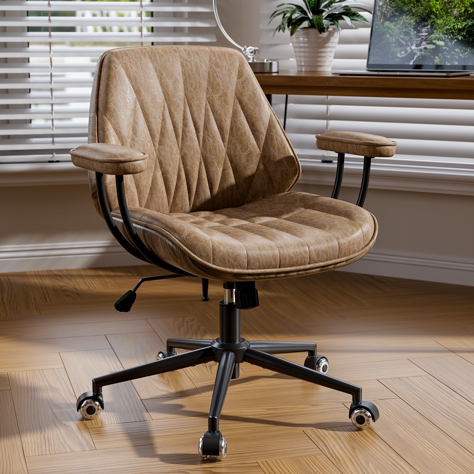 Mid Century Modern Office Desk Chair Faux Leather Adjustable Height Swivel Arms