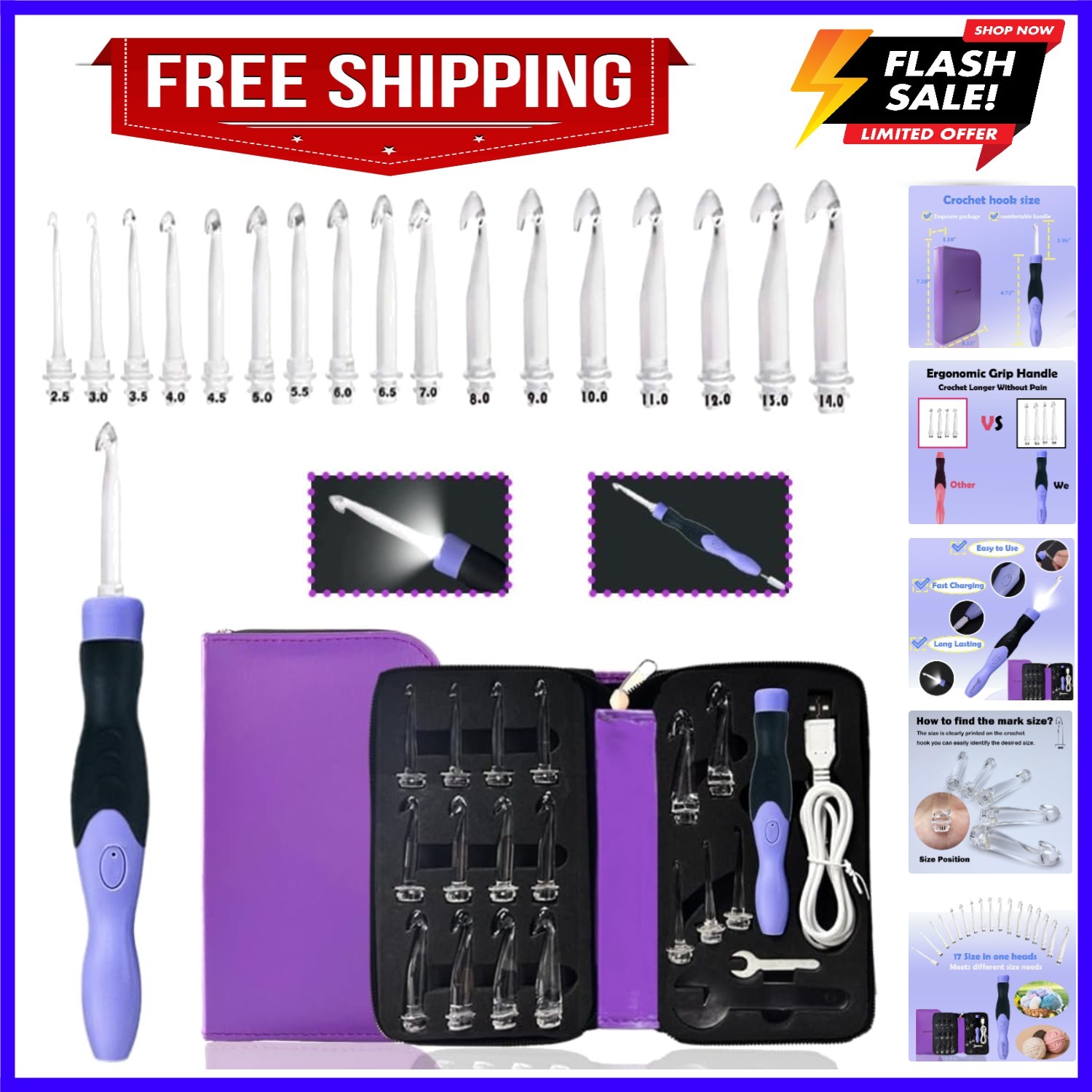 17 Sizes Lighted Crochet Hooks Set 2.5mm~14.0mm, Rechargeable Crochet Hook wi...