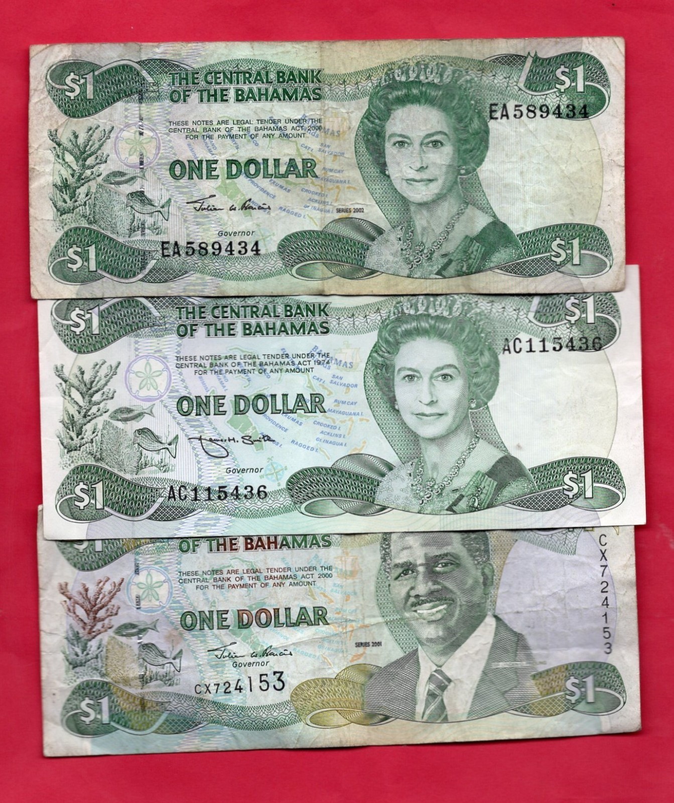 [[ 6 ]] BAHAMAS $1 ONE DOLLAR 1965,2000,2001 BANKNOTES