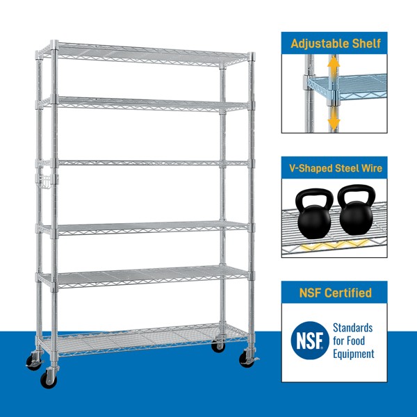 6 Tier Wire Shelving Heavy Duty Adjustable Metal Shelf Storage Rack with Wheels