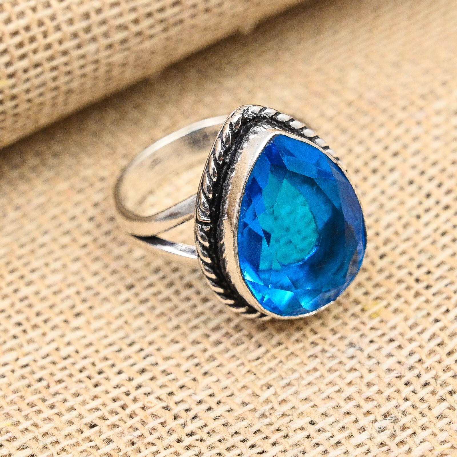 Blue Topaz Gemstone Handmade 925 Sterling Silver Wedding Ring Jewelry