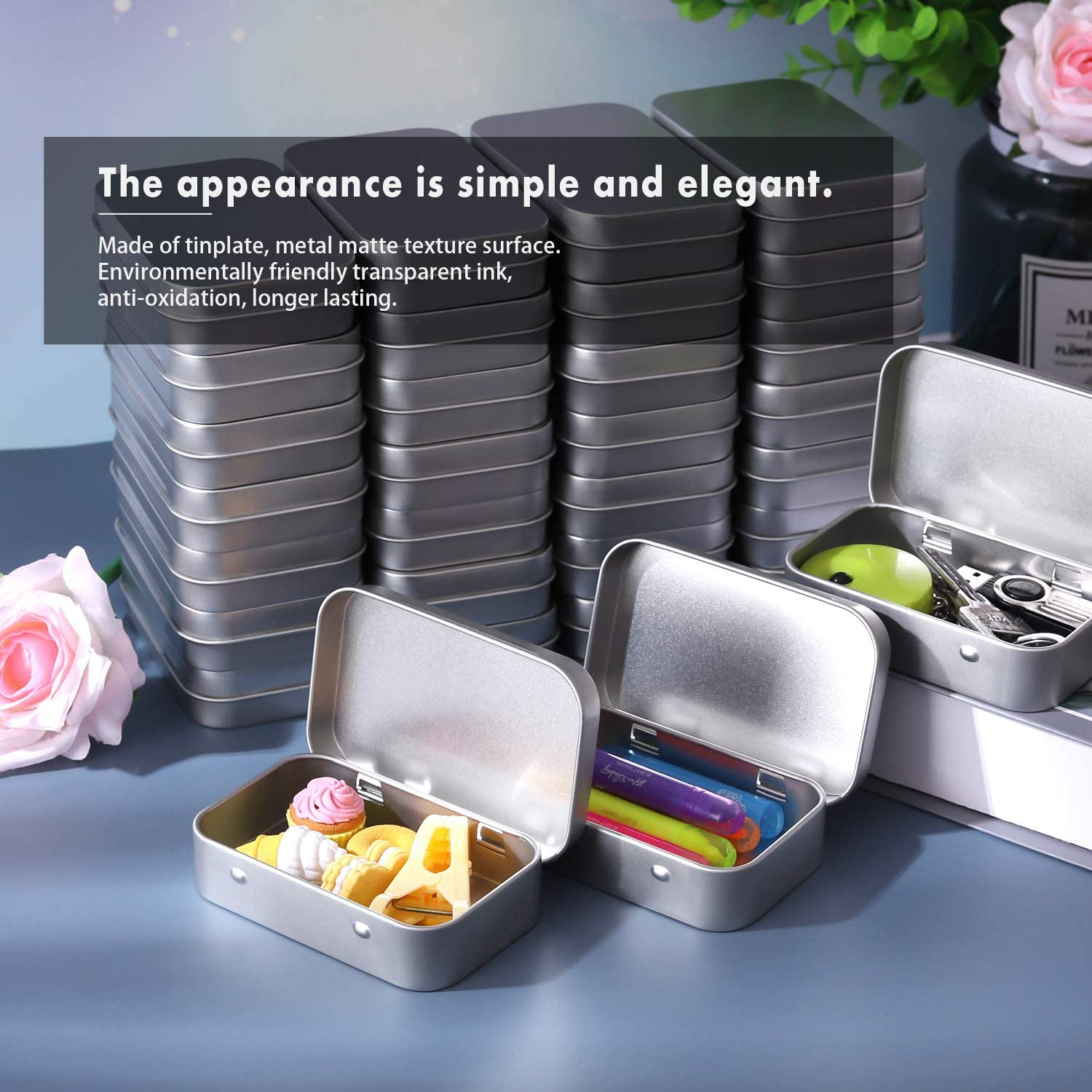 40pcs Metal Rectangular Empty Hinged Tin Box Containers Mini Portable Small Box