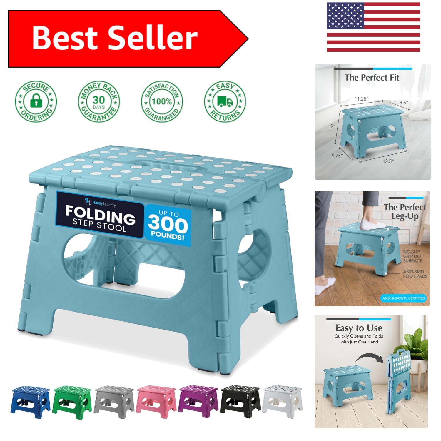 Teal Folding Step Stool - Lightweight, Safe for Kids, and Sturdy for Adults