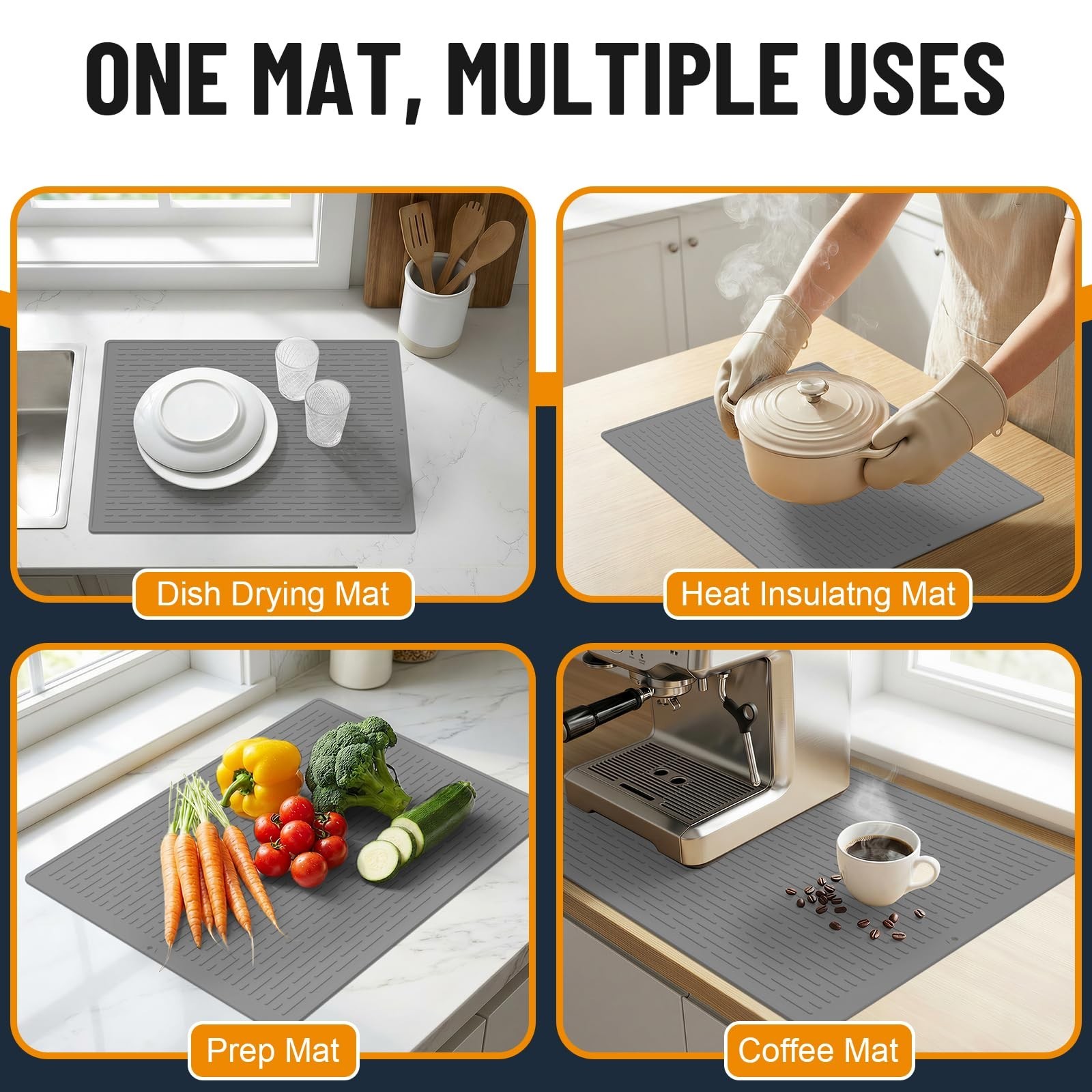 Silicone Dish Drying Mat Grey , 28x19.7 Inches Kitchen Drying Mat Oversized, ...
