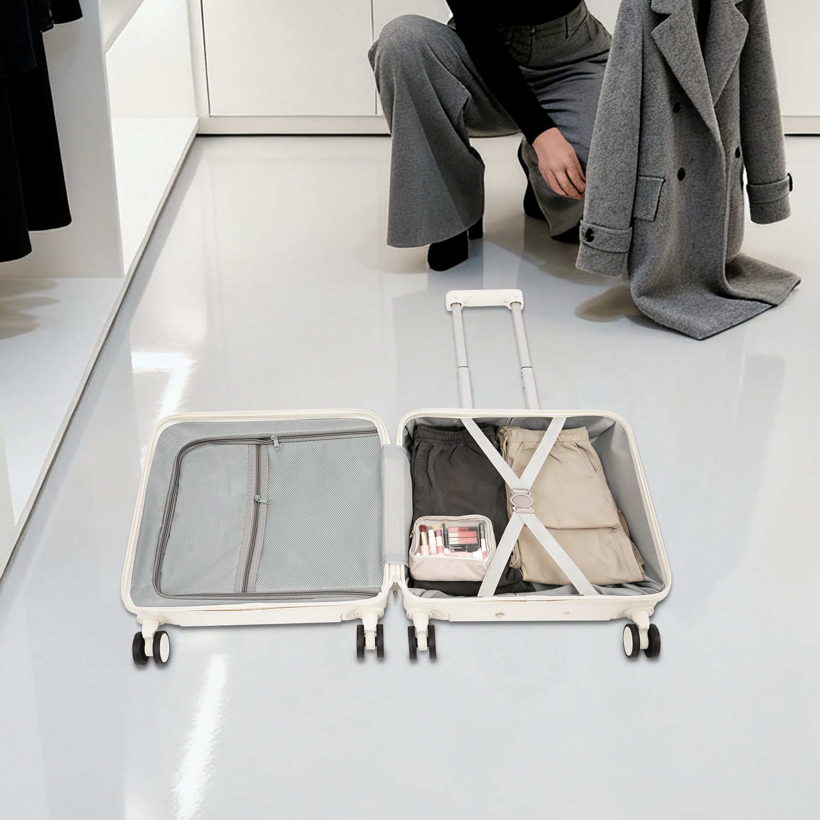 18" Boarding Suitcase, Suitcase with Front Compartment, Travel Luggage Suitcase