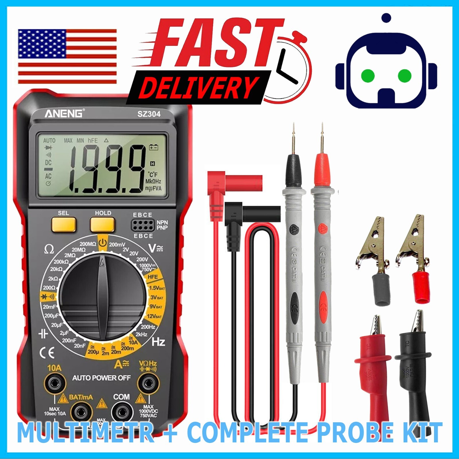 SZ304 Multifunction 1999 Counts Digital Multimeter True RMS Handheld Test Leads