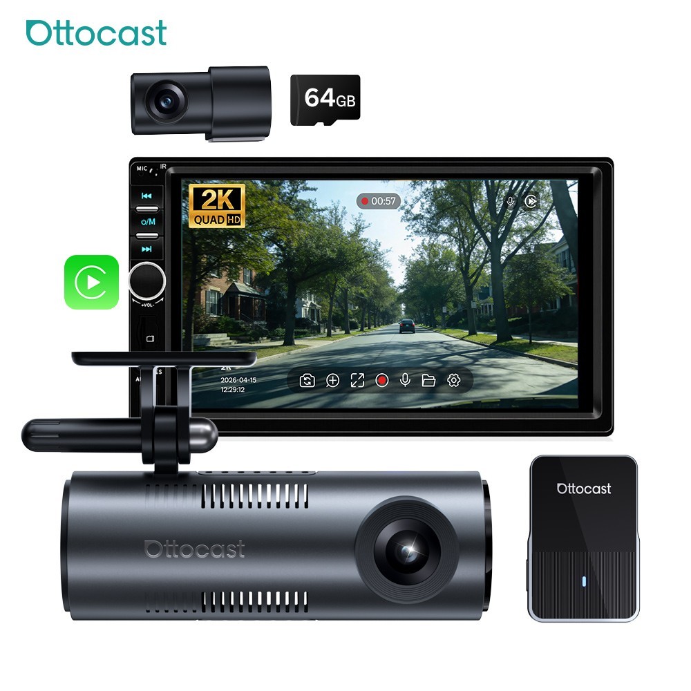 Ottocast 2in1 Wireless Carplay Adapter 2K Front+Rear Dash Camera GPS w/64GB Card