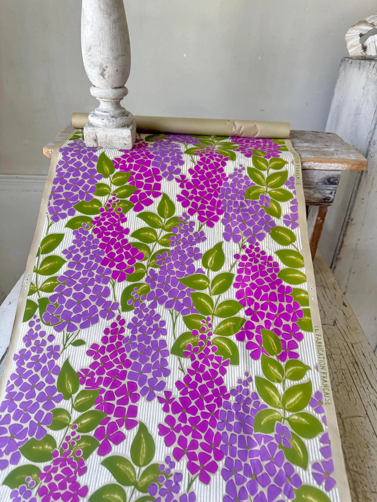 4yds (8yds avail) antique French wallpaper hydrangea floral wallcoverings purpl