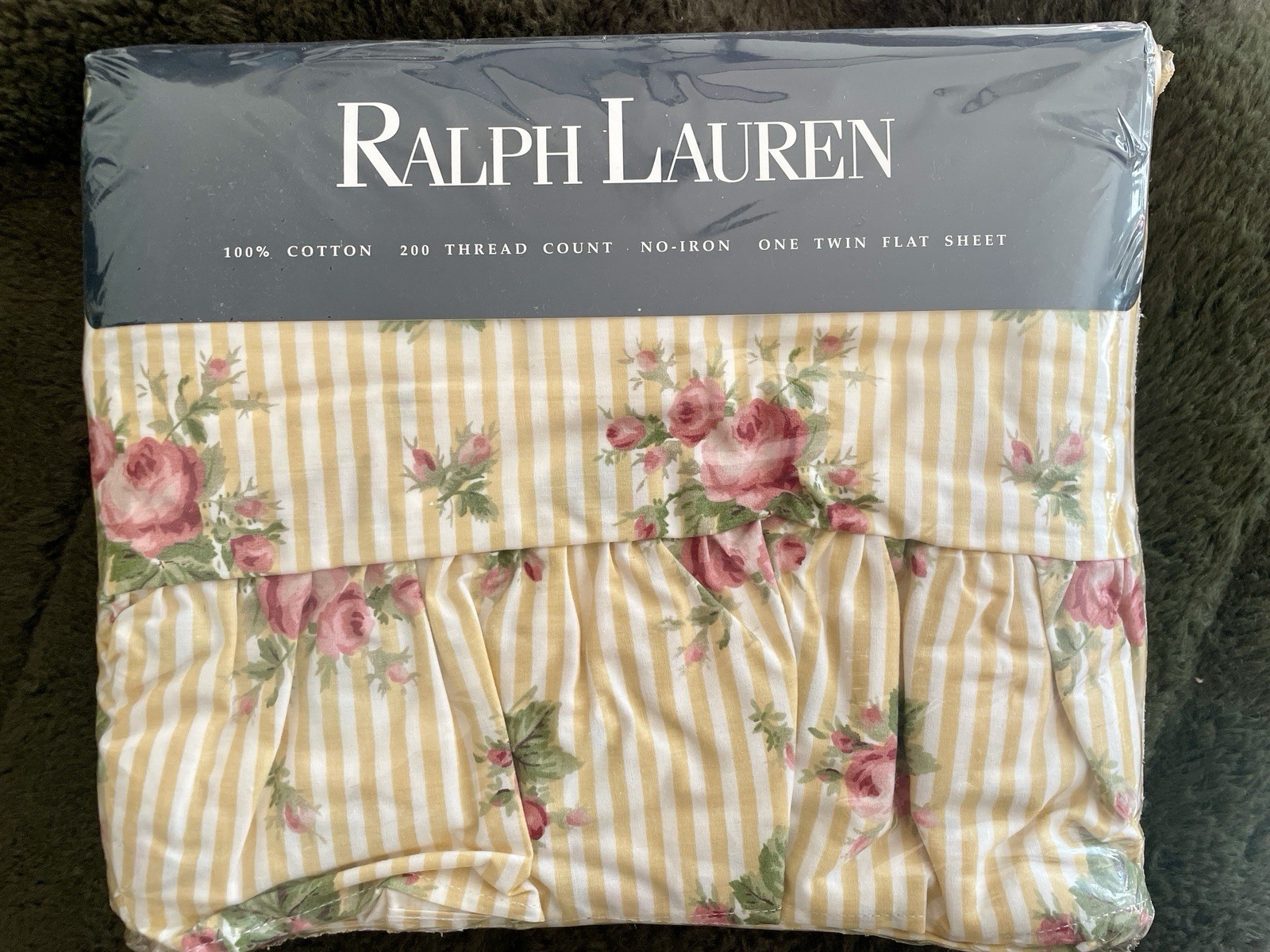 Vintage New NOS Ralph Lauren Sophie Floral Yellow Stripe Twin Flat Sheet Ruffle