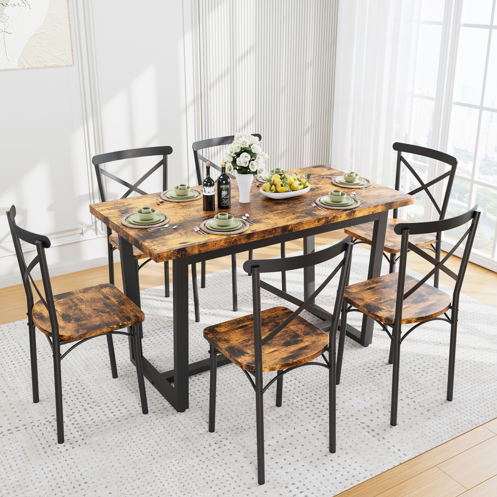 7 Pieces Dining Set 52" Kitchen Breakfast Dinette Table Wood Top 6 Chairs Brown