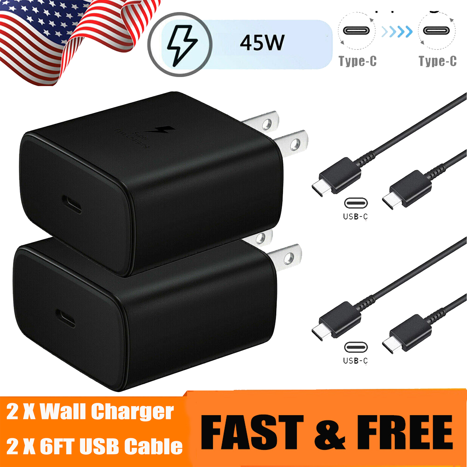 2 Pack 45W USB-C Super Fast Wall Charger + 6FT Cable For Samsung Galaxy S22 S21