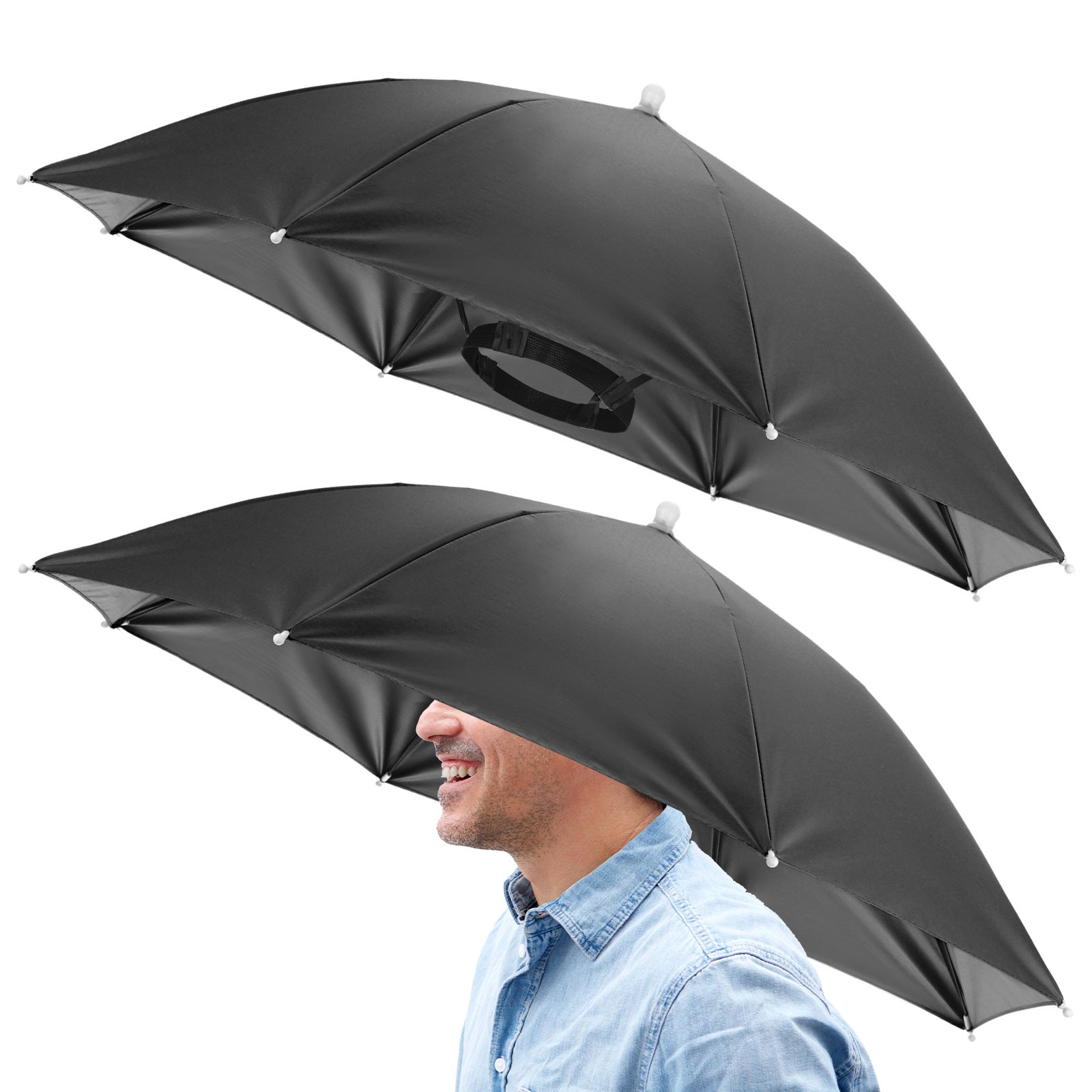 2 Pcs 26" Headband Umbrella Hat Black Glue Umbrella Cap for Outdoor [Black]