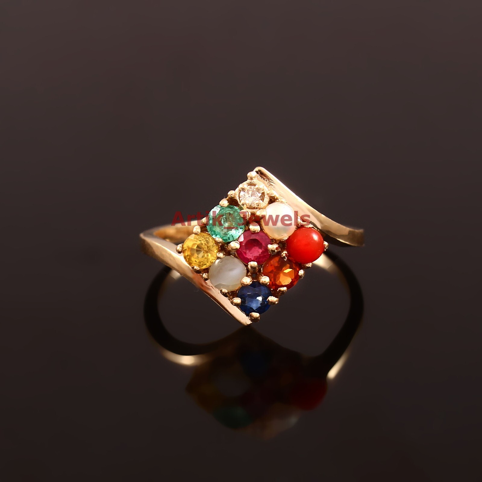 Natural Navratna Gemstone with Gold Plated 925 Sterling Silver Women's Ring #220