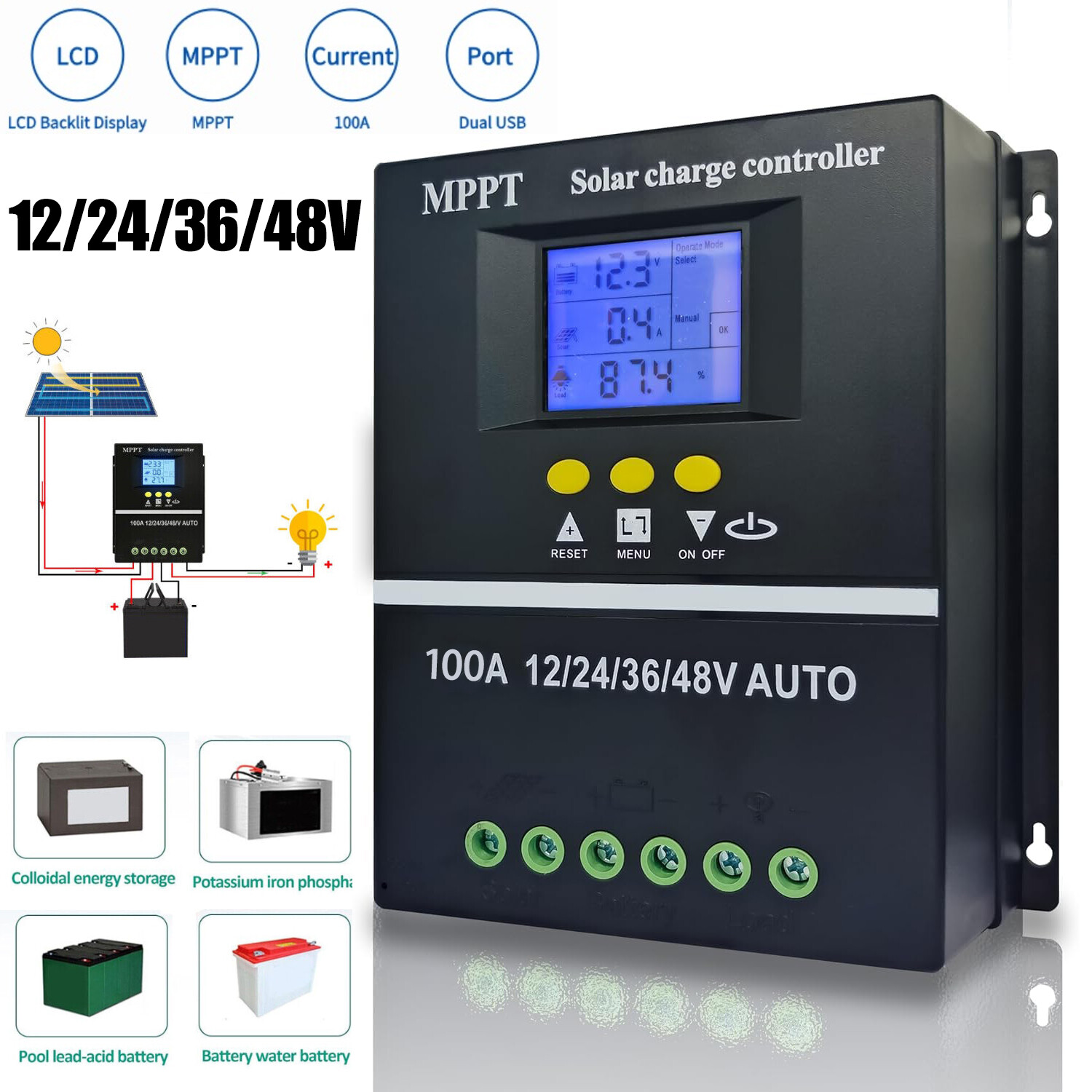100A MPPT Solar Panel Charge Controller 12V/24V/36V/48V PV Battery Regulator LCD