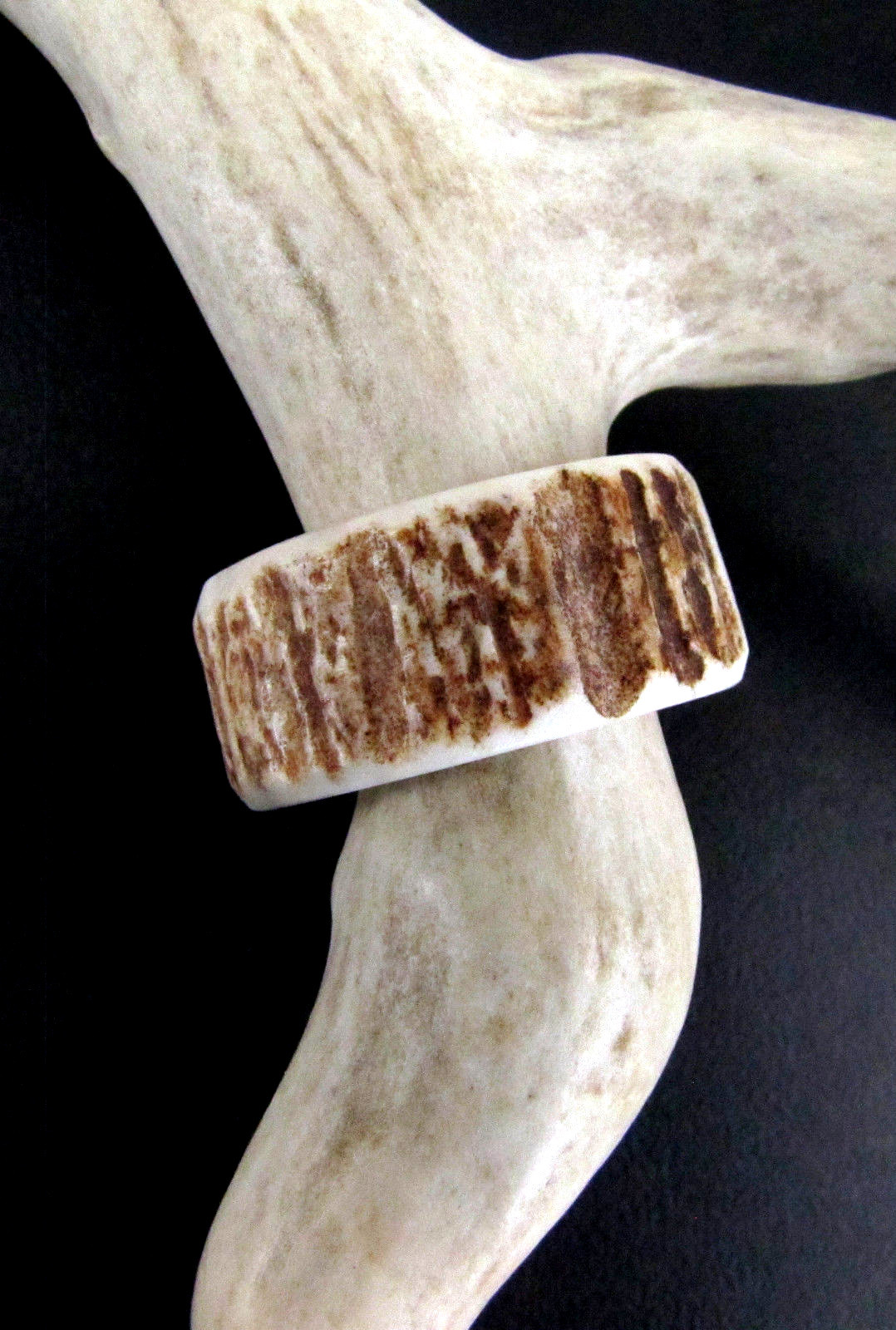 BROWN HANDCRAFTED OOAK SHED DEER, ELK ANTLER RING,SIZE 13  1/4, R-368