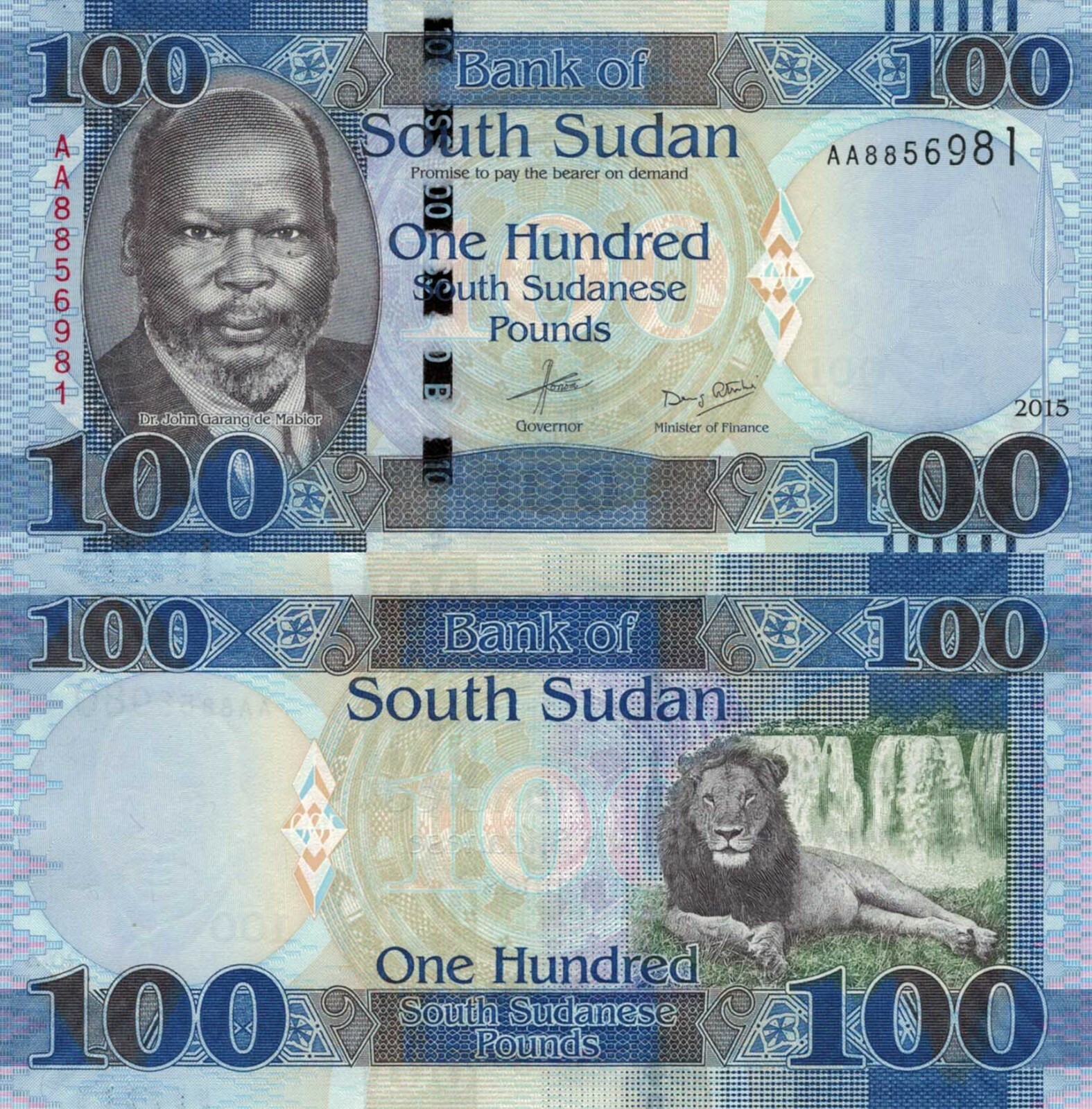 South Sudan 100 Pounds (2015) - John Garang/Lion/p15a, B115a Prefix AA UNC