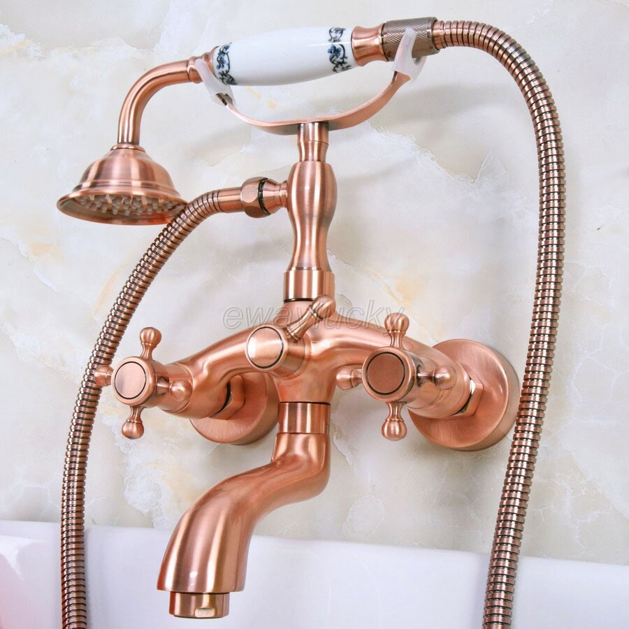 Antique Red Copper Clawfoot Bathroom Bathtub Faucet Handheld Shower Mixer Tap