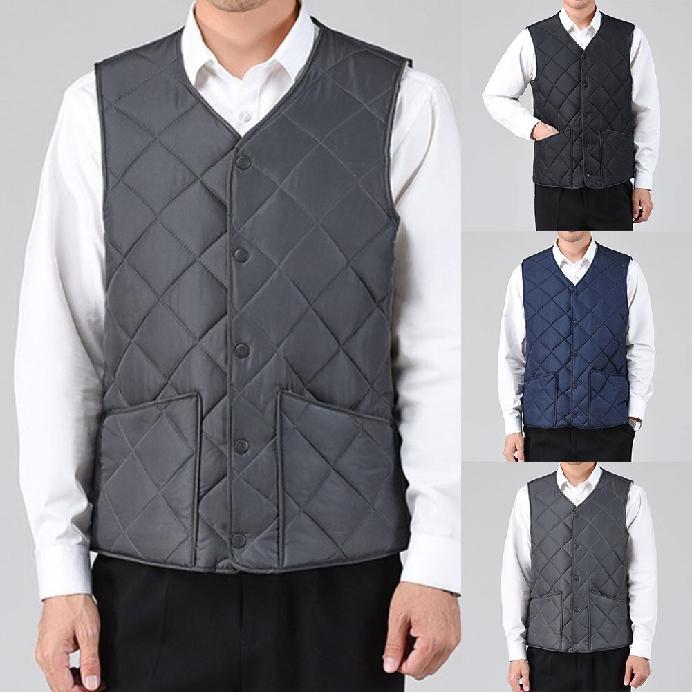 Fashion Men's Fleece Vest Solid Color Multiple Pockets Quilted Padded Waistcoat