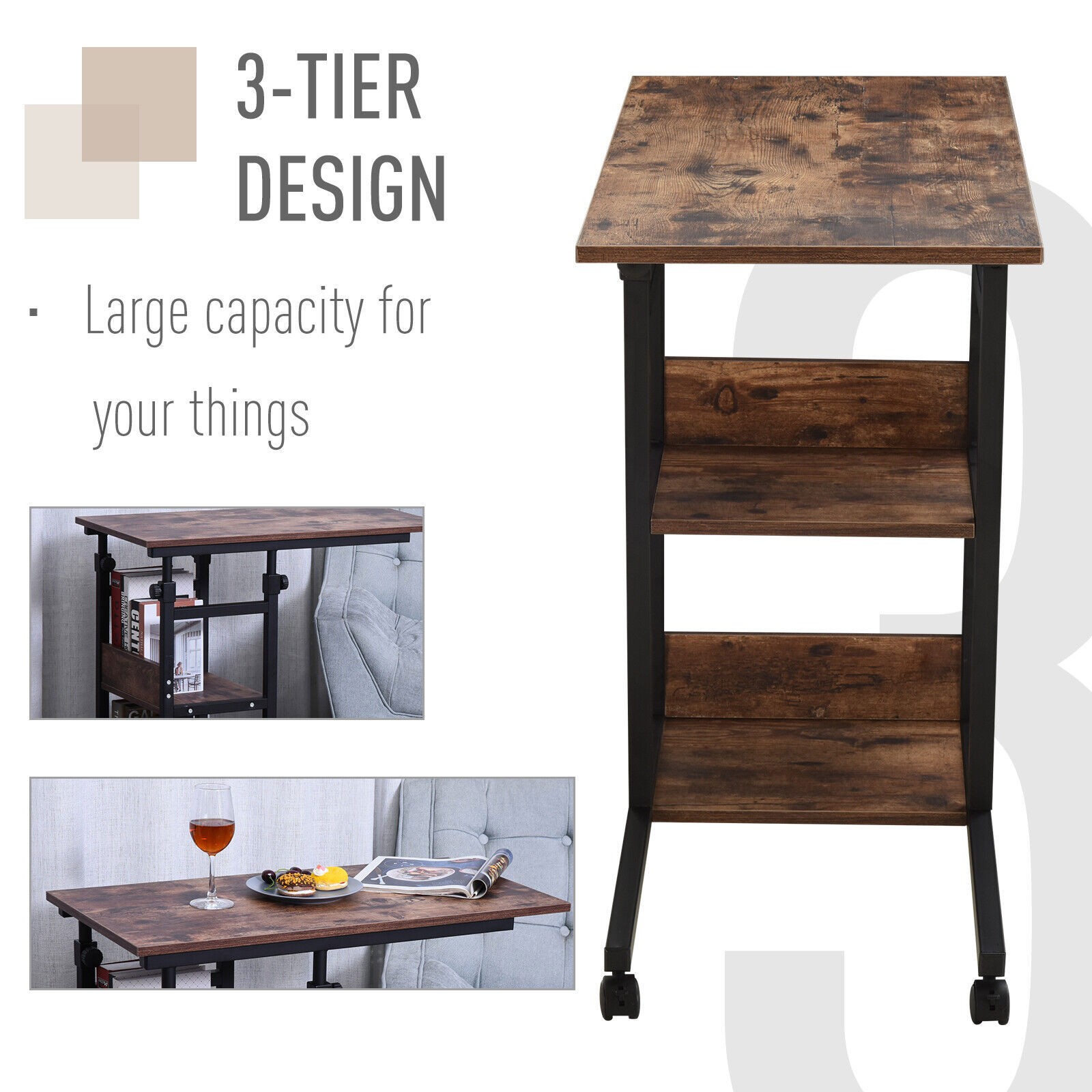 C-Shaped Mobile Sofa Bed Side Table 3-Tier Storage Shelving Cart Adjust Height