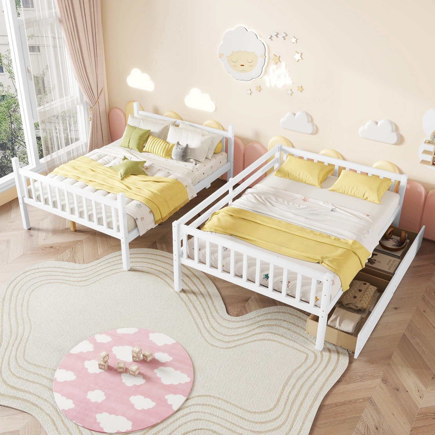 Full Over Full Wood Bunk Bed Convertible Full Size Bed Frame with 2 Drawers