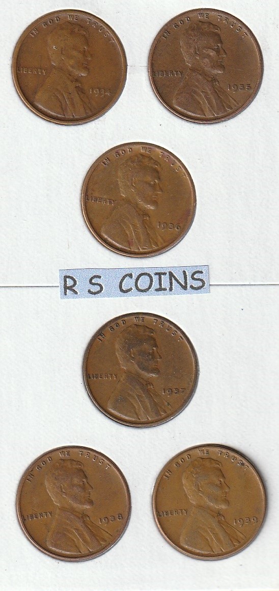 WHEAT  PENNIES   [ 1934PD  +  1935  to 1939  PDS ]   =  17  FINE/VERY FINE COINS