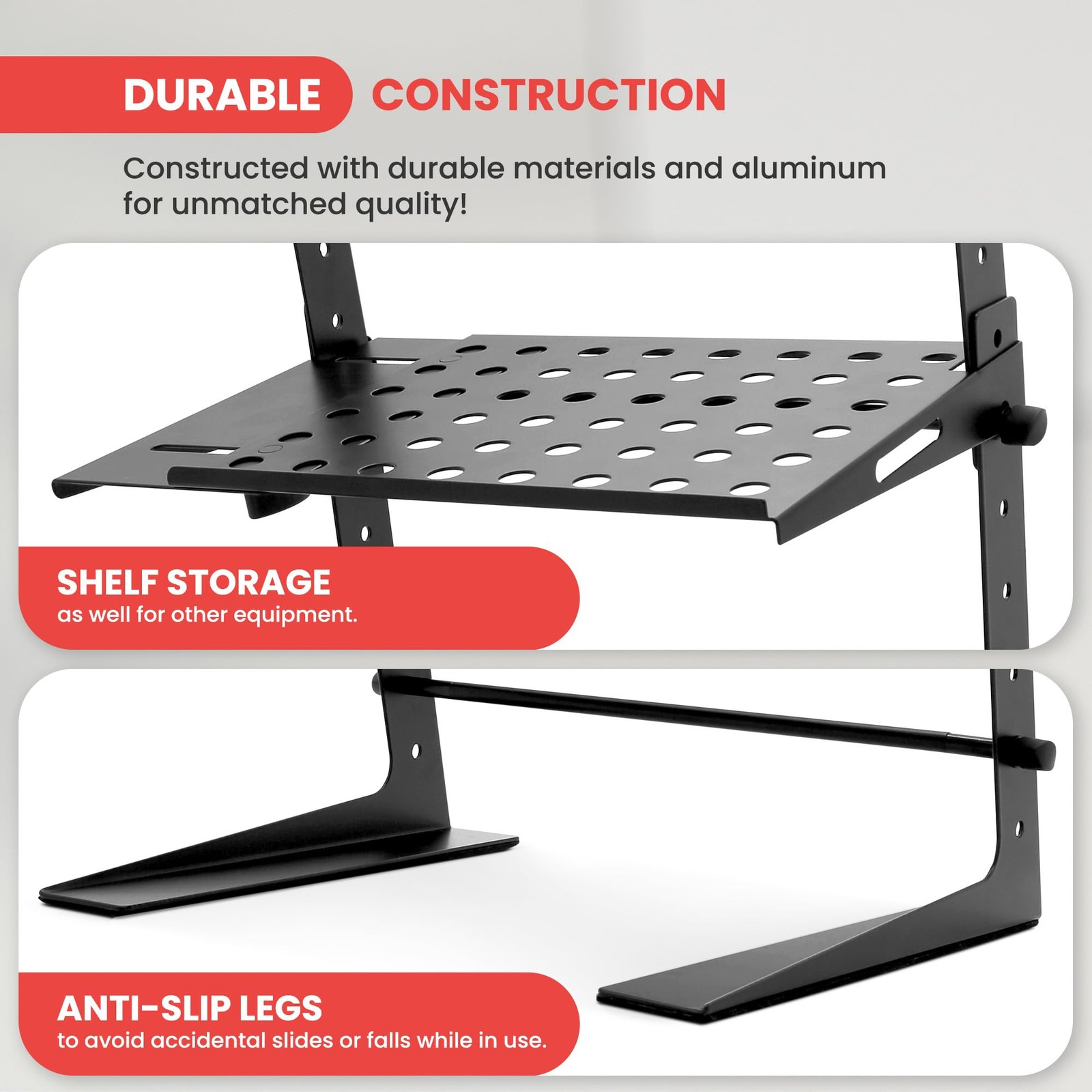 Pyle DJ Laptop Stand with Storage Shelf, Portable Adjustable Computer Black