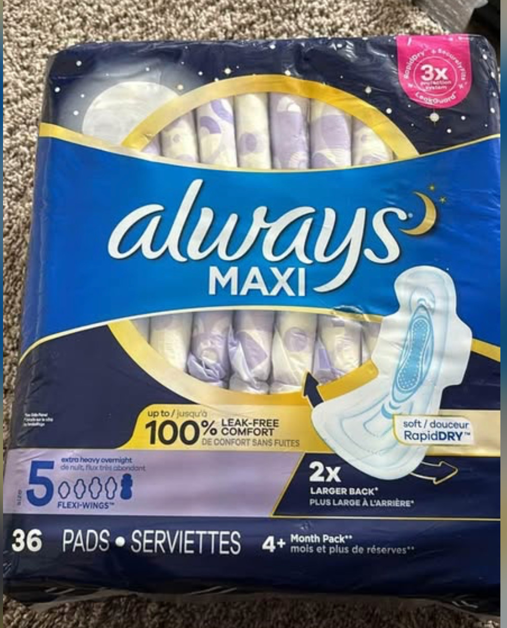 Always Maxi Overnight Pads for Women, Size 5, 36 Count, Extra Heavy Wings