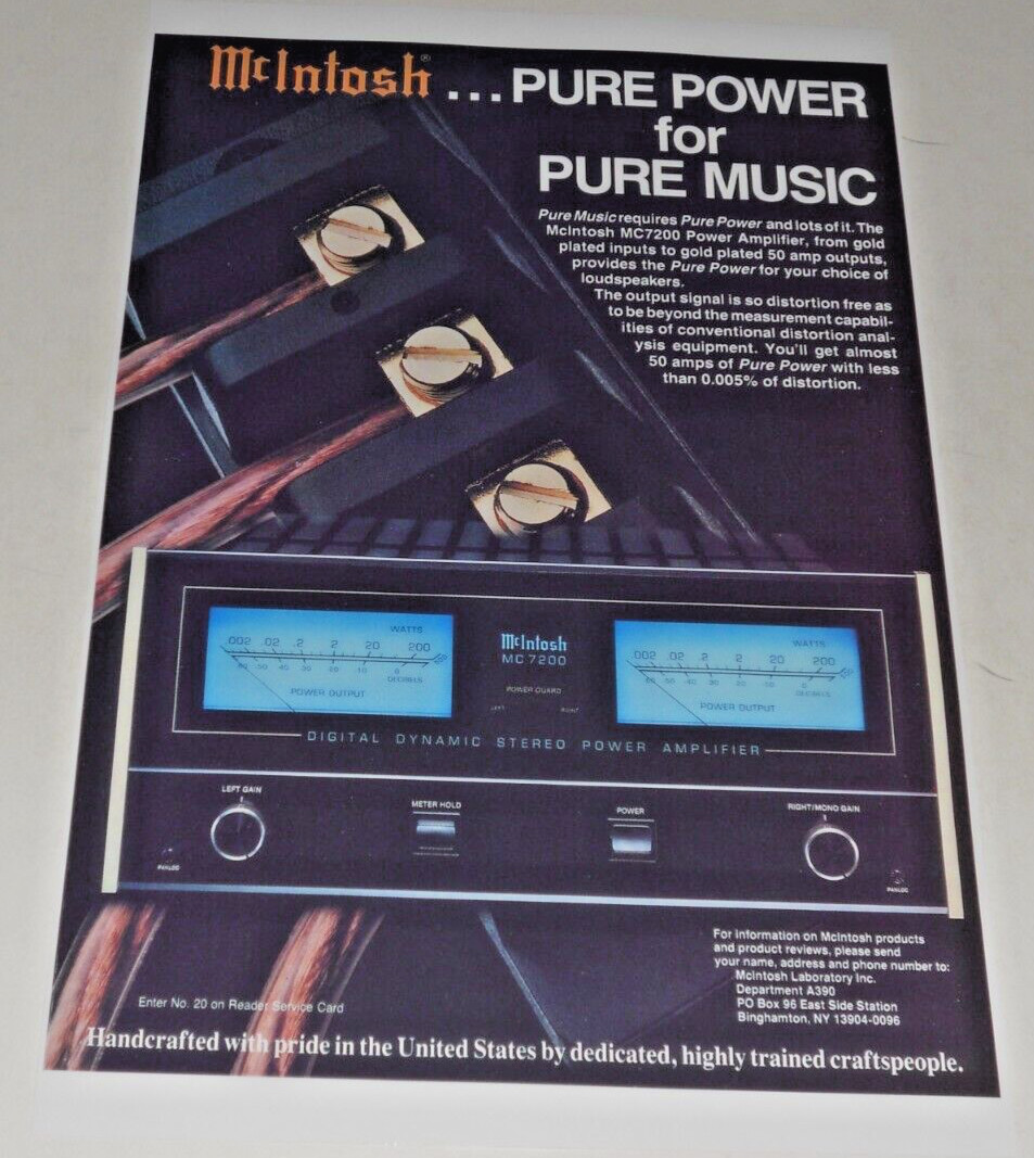 McIntosh MC7200 Amplifier Poster 1990 Model MC 7200 Blue Meters 19"x13"